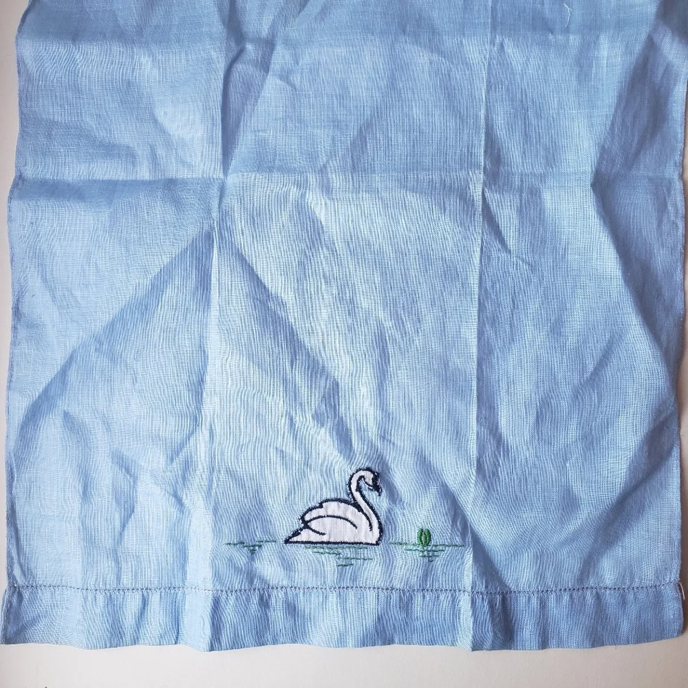 Embroidered Swan on French Blue Linen Finger Towel
